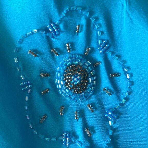 WD.NY Teal Blue 100% Silk Beaded Floral A-Line Skirt Size 12 - Picture 3 of 10